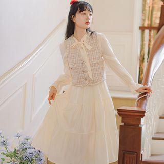 Set: Long-sleeve Midi A-line Dress + Single-breasted Tweed Vest
