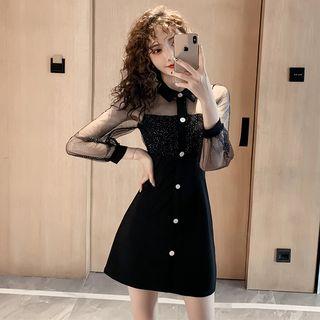 Mesh Panel Glitter Long-sleeve Mini A-line Dress
