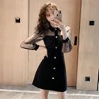 Mesh Panel Glitter Long-sleeve Mini A-line Dress