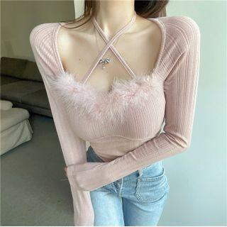 Haler-neck Fluffy Trim Knit Top