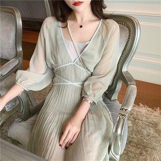 Set: Puff-sleeve Slim-fit Dress + Slipdress