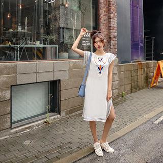Convertible Off-shoulder Embroidered Shift Dress