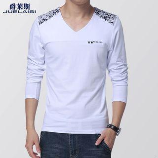 Long-sleeve V-neck Printed T-shirt