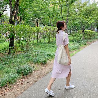 Open-placket Striped Midi Shirtdress With Sash Pink - One Size
