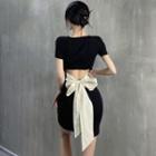 Short-sleeve Cut-out Ribbon Mini Sheath Dress
