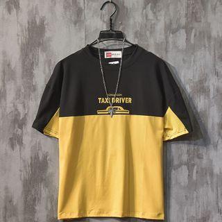 Contrast Color Lettering Elbow-sleeve T-shirt