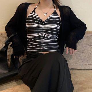 Plain Cardigan / Halter Striped Crop Top