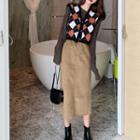 Pattern Printed Knit Vest / Long-sleeve Cable Knit Sweater / High-waist Corduroy Skirt
