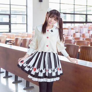 Embroidered Collar Button Jacket / Printed A-line Skirt