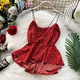 Spaghetti Strap Dotted Peplum Top