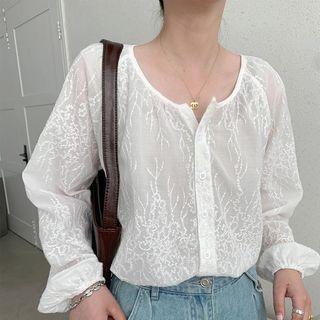 Lantern-sleeve Floral Plain Blouse