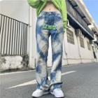 Tie-dyed Letter Embroidered Wide Leg Jeans