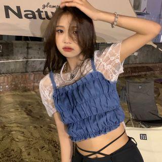Set : Suspender + Lace Underlay Short-sleeve Top 2-piece Set