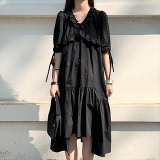 Irregular Hem Short-sleeve Shift Dress Black - One Size