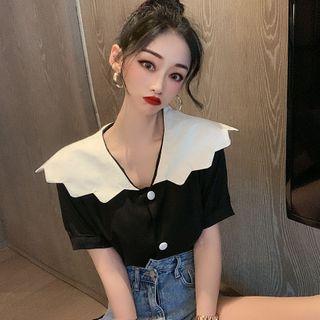 Contrast Collar Short-sleeve Cropped Blouse