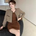 Houndstooth Cropped Jacket / Spaghetti Strap Mini Bodycon Dress