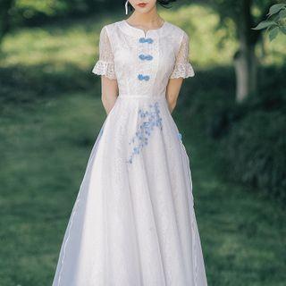 Bell-sleeve Frog-button Embroidered Midi A-line Dress