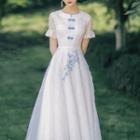 Bell-sleeve Frog-button Embroidered Midi A-line Dress