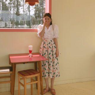 Band-waist Tulip-printed Linen Blend Skirt Ivory - One Size