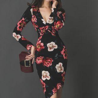 Asymmetrical Long-sleeve Floral Print Sheath Dress