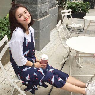 Airplane Print Spaghetti Strap Ruffle Dress