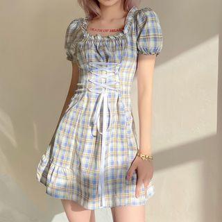 Off-shoulder Plaid Lace Up Mini A-line Dress