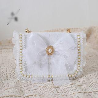 Faux Pearl Top Handle Bow Crossbody Bag With Metal Chain & Faux Pearl Handle Chain - White - One Size