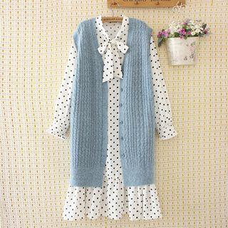 Set: Dotted Long-sleeve Chiffon Dress + Long Knit Vest
