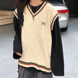 Plain Long-sleeve T-shirt / V-neck Contrast Trim Knit Vest