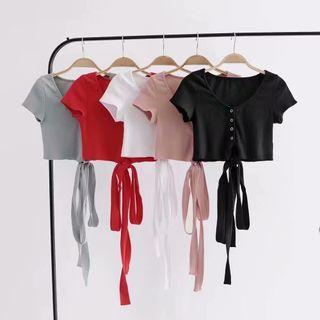 Short-sleeve Henley Lace Up T-shirt