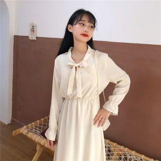 Long-sleeve Tie Neck Plain A-line Dress