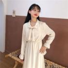 Long-sleeve Tie Neck Plain A-line Dress