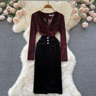 V-neck Print Top Panel Velvet Slit Dress