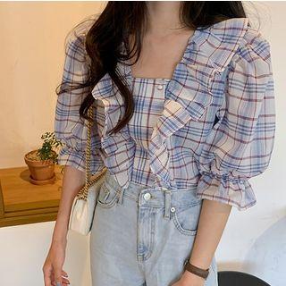 Elbow-sleeve Plaid Ruffled Top