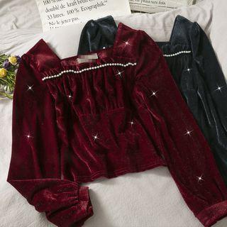 Glitter Pearl-trim Velvet Crop Top
