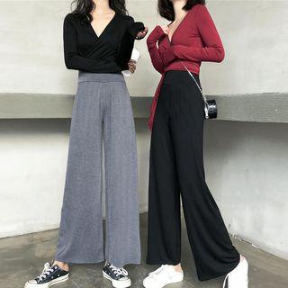 Long-sleeve Wrap T-shirt / High-waist Wide-leg Pants