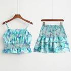 Set: Print Camisole Top Layered Mini A-line Skirt
