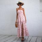 Strapless Floral Print Slit Maxi A-line Dress