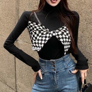 Mock-neck Long-sleeve Checker Print Bow T-shirt