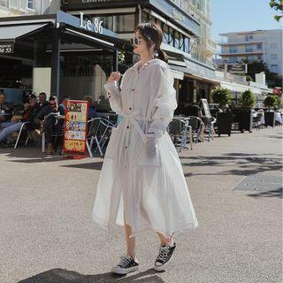Contrast Stitching Sheer Hooded Long Jacket