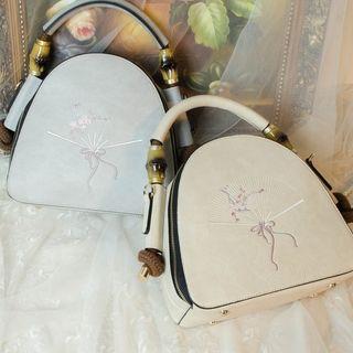 Faux Leather Fan Embroidered Handbag