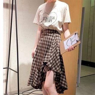 Check Irregular A-line Midi Skirt