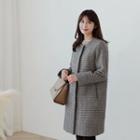 Collarless Snap-button Houndstooth Wool Blend Coat