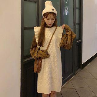 Plaid Blouse / Frilled Trim Sleeveless Knit Dress