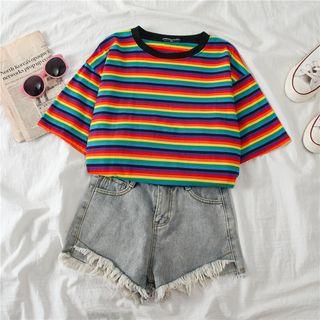 Contrast Rainbow Striped Short-sleeve T-shirt