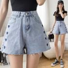 Heart Embroidered Frayed Washed Wide Leg Denim Shorts