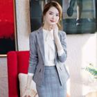 Plaid Single-button Blazer / Ruffle Blouse / High-waist Pencil Skirt / Cropped Skinny Pants