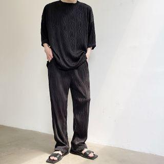 Set: Short-sleeve Ribbed T-shirt + Wide Leg Pants