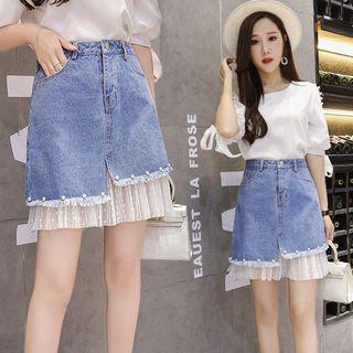 Polka Dot Mesh Paneled Faux Pearl Denim Skirt