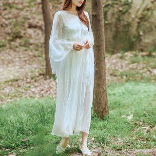 Lace Underlay Long-sleeve Maxi Chiffon Dress